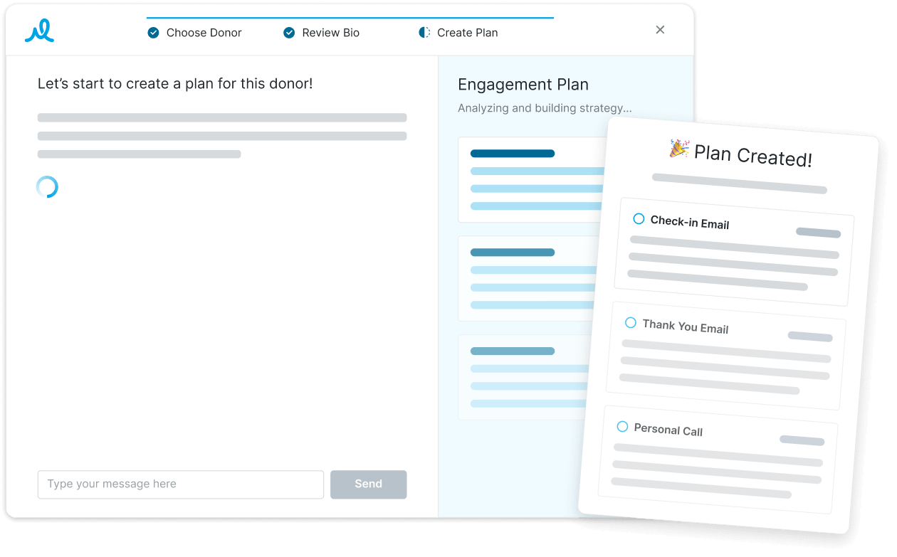 UI: Donor planning dashboard with left messaging area and input bar, middle 'Engagement Plan' cards, and a tilted 'Plan Created!' modal listing Check-in Email, Thank You Email, and Personal Call.