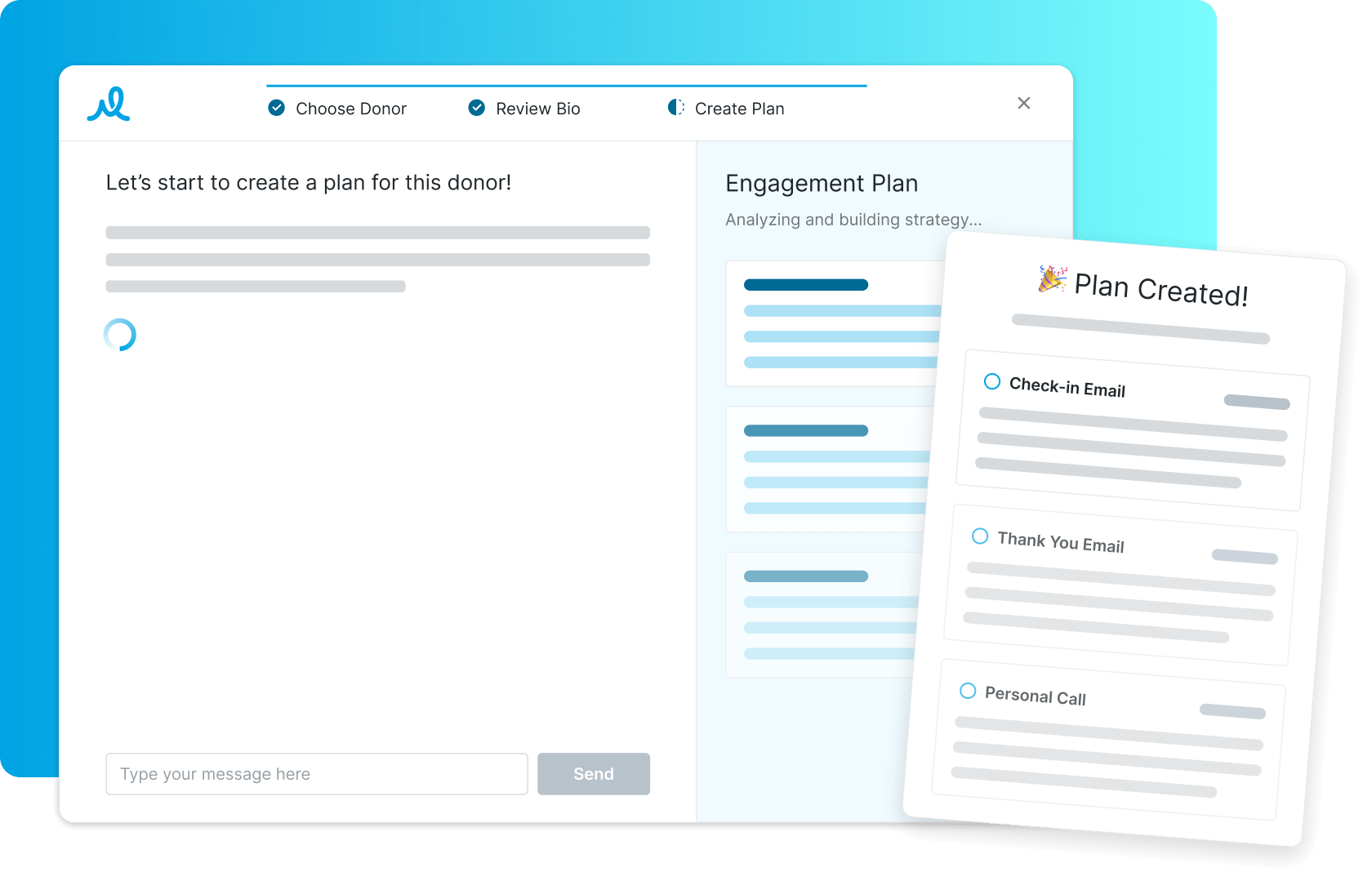 Dashboard UI for creating a donor plan, with a left editor and a right Engagement Plan panel; tilted 'Plan Created!' card overlapping the screen.