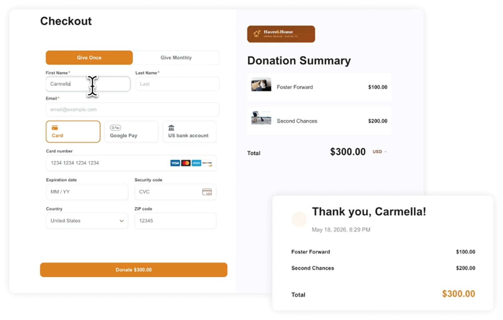 Checkout page split: left payment form with 'Give Once' tab and orange Donate button; right donation summary showing two items totaling $300.
