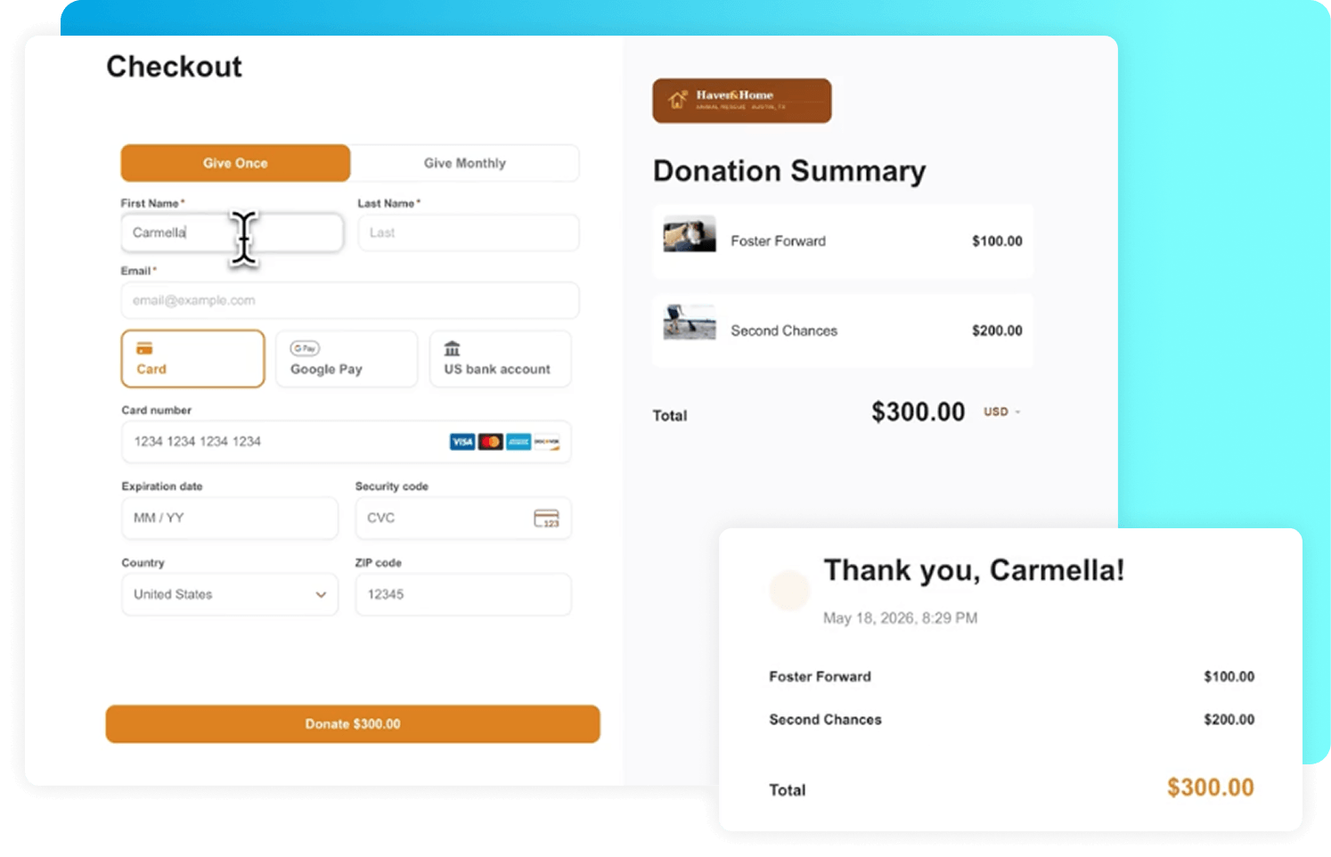 Checkout UI with donation summary: left form for card payment and personal details, right panel shows $300 total donation.
