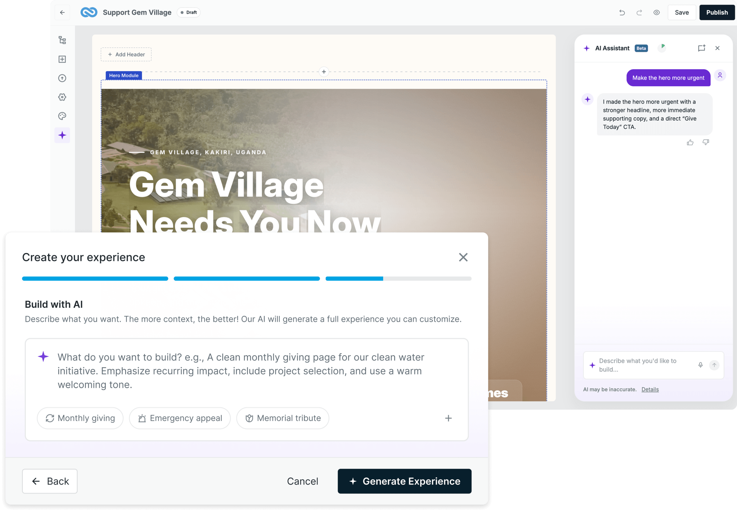 Design editor showing a hero module with large 'Gem Village Needs You Now' text; AI Assistant panel on the right and a 'Generate Experience' dialog at the bottom.
