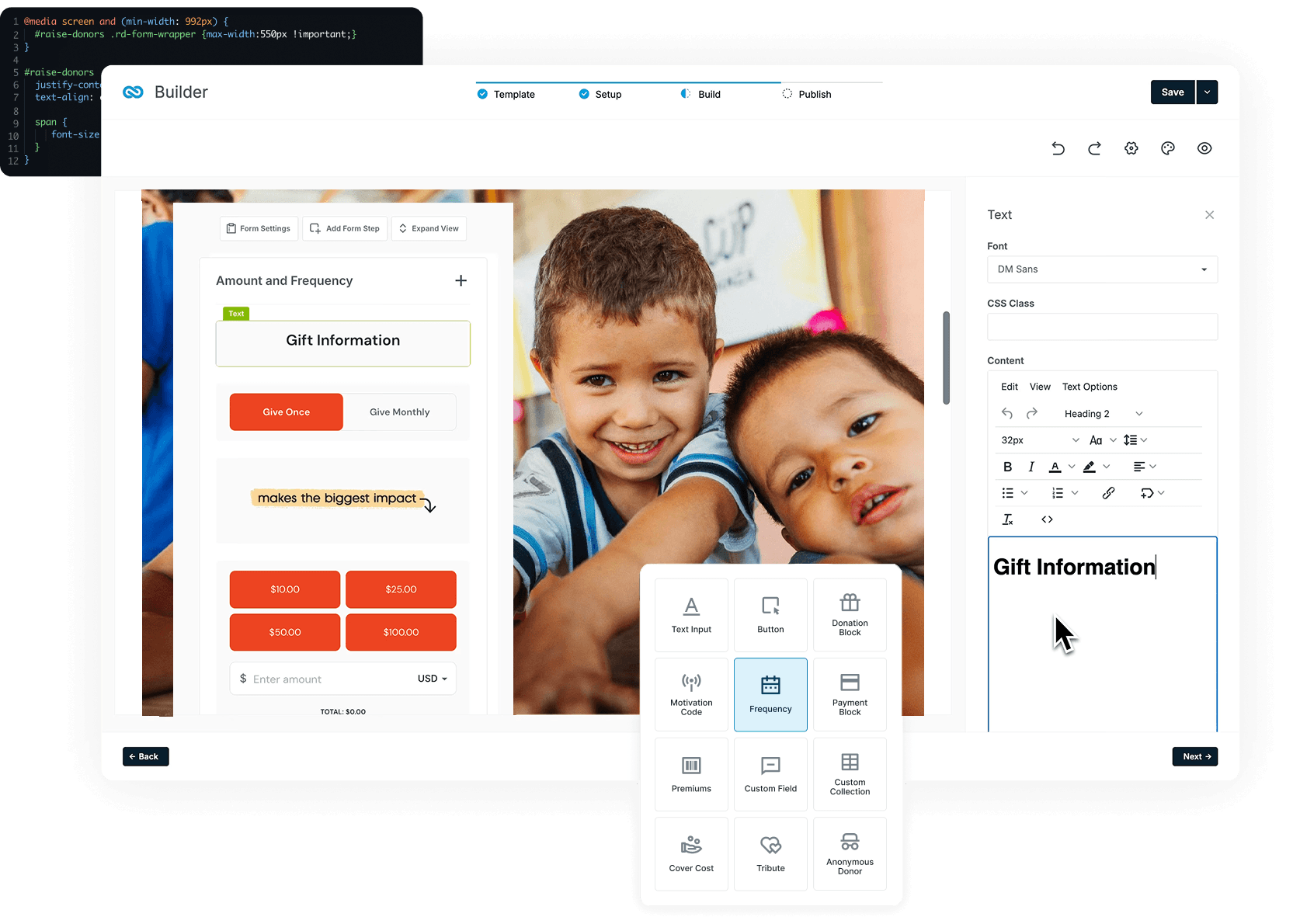 Screenshot of a form-builder UI with a large photo of smiling children and a panel titled 'Gift Information' showing donation buttons and fields.