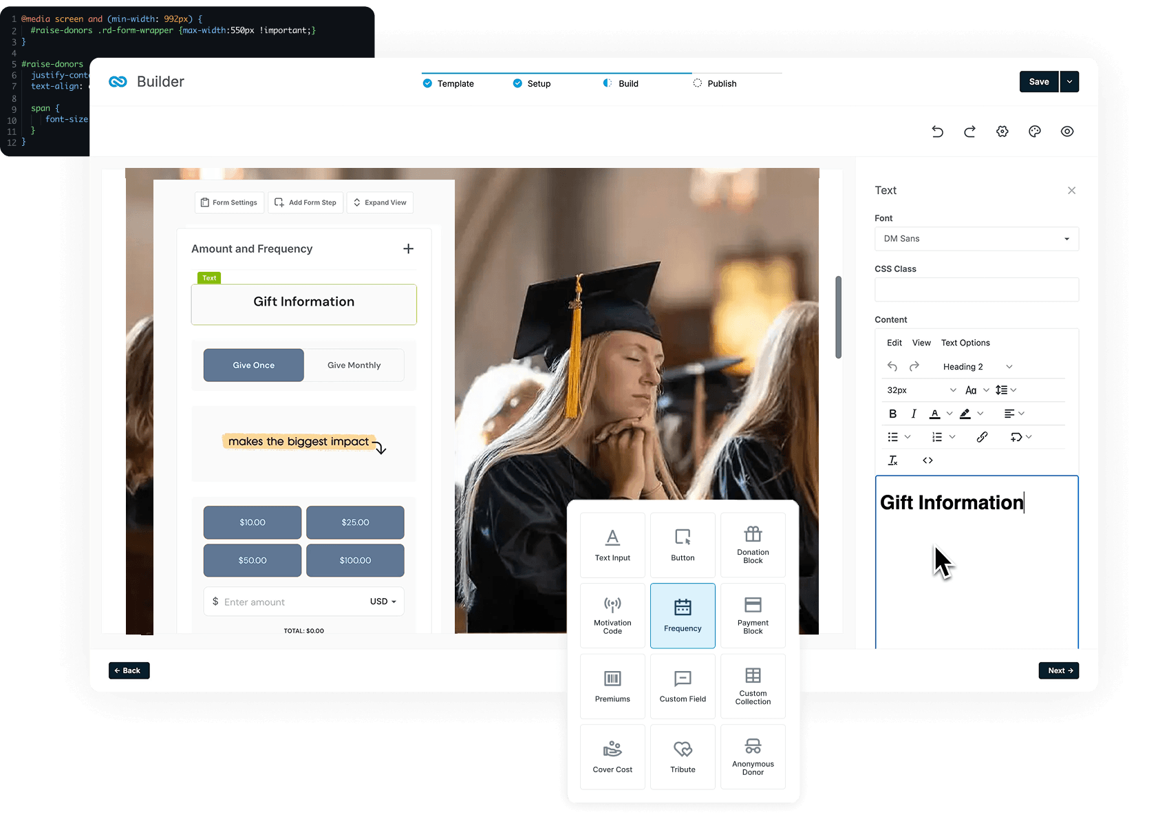 Screen showing a website builder UI with a graduation photo on the right and a Gift Information block in a form editor on the left.