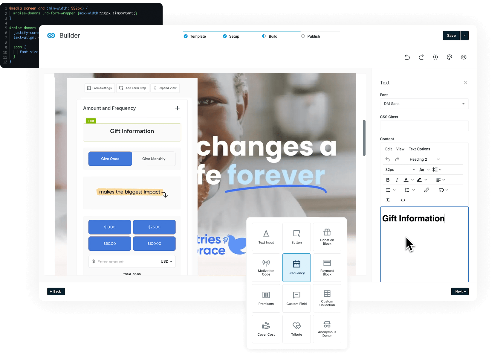 Screenshot of a web form builder: left panel shows form elements, center preview with a Gift Information card, right panel contains text settings and font options.