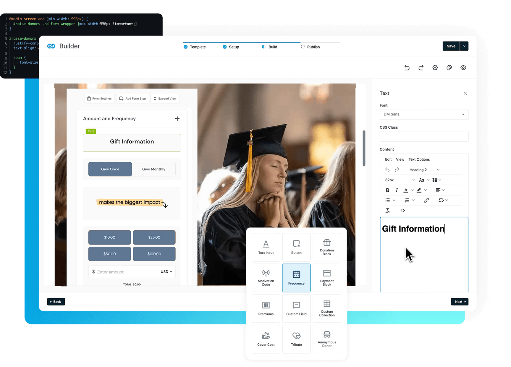 Screenshot of a website builder UI showing a form layout titled 'Gift Information' with a graduate photo in the center and editing panels on the right and a floating block palette in the foreground.