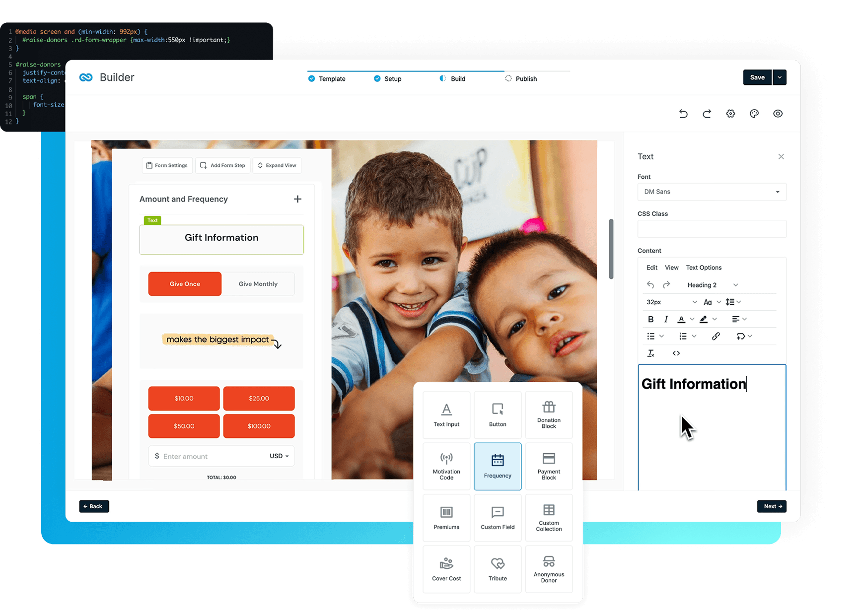 Screenshot of a form builder UI showing a photo of smiling children and a draggable Gift Information block on the left with text settings on the right.