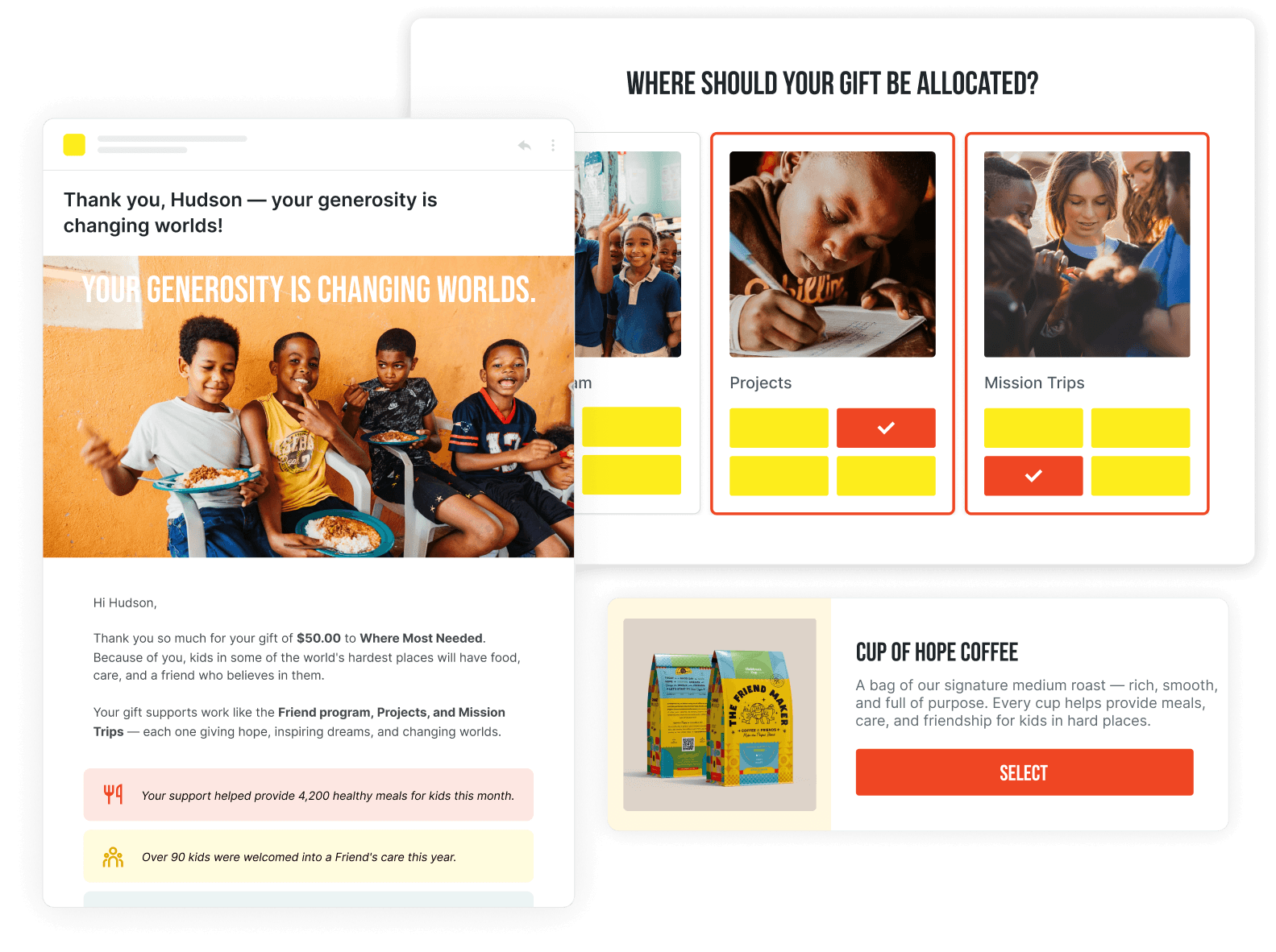 UI collage of a donation platform showing gift-allocation options (Projects, Mission Trips) and a framed thank-you email to Hudson with images of children.