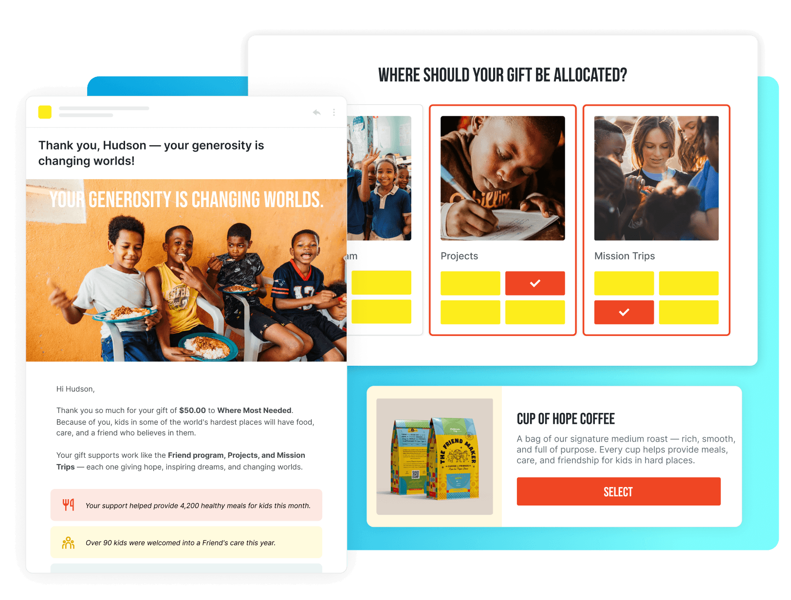 Donation dashboard screenshot showing options for allocating gifts to Projects, Mission Trips, and other programs with a photo of a child writing and a group of kids in the background