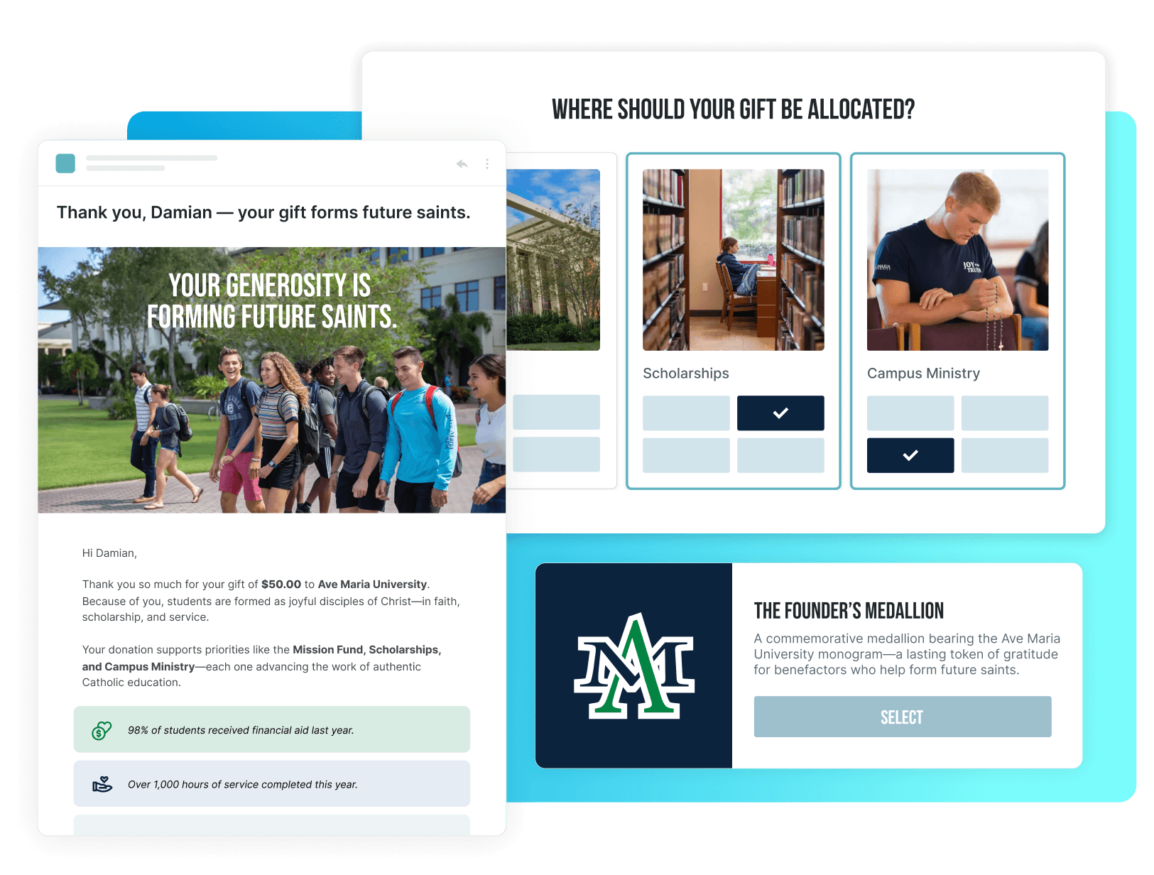 collage of a fundraising dashboard and a university newsletter showing gift allocations and impact perks