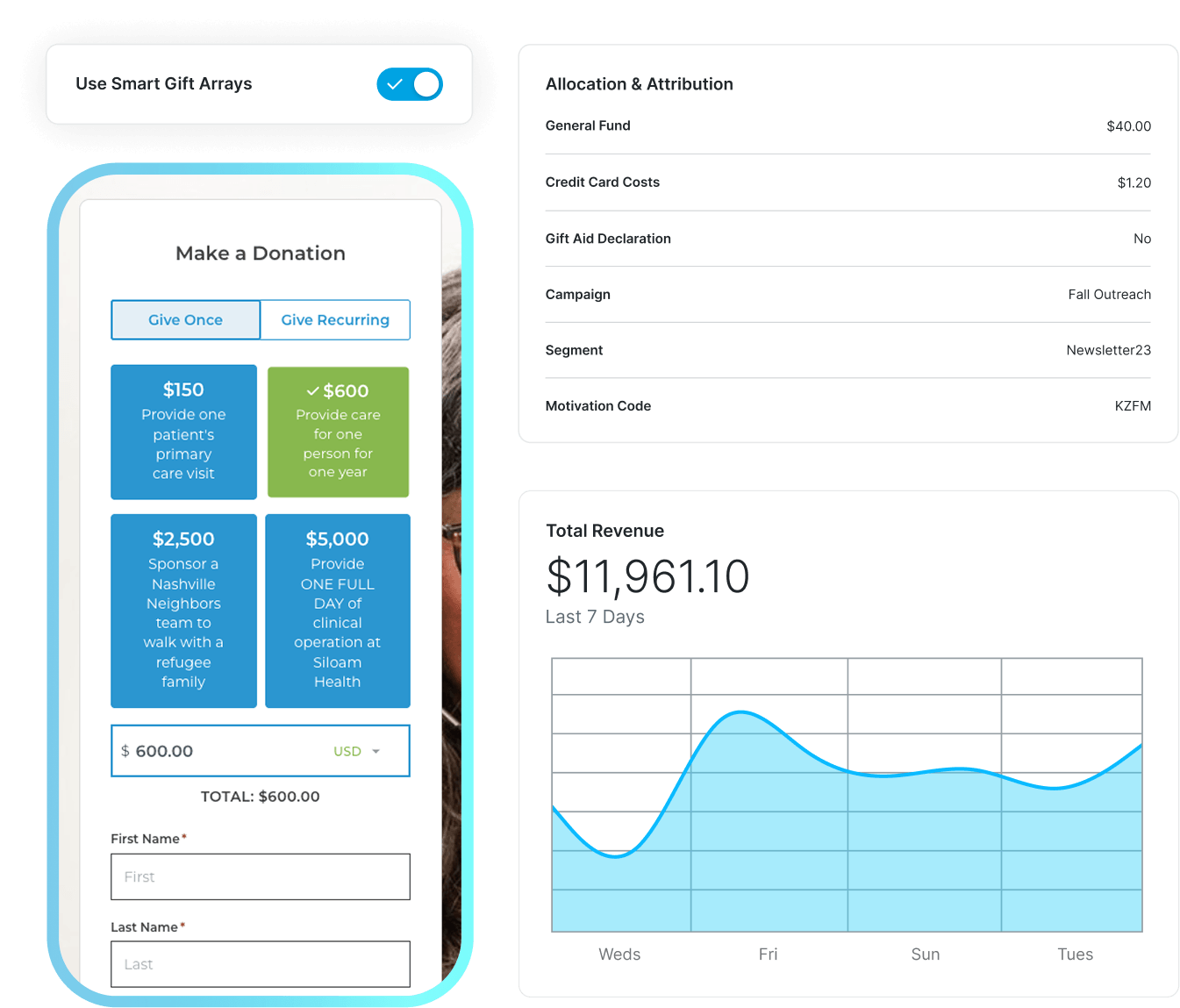 Fundraising dashboard UI: donation form on left with give options and a toggle, plus a right-side allocation table and a revenue chart below.