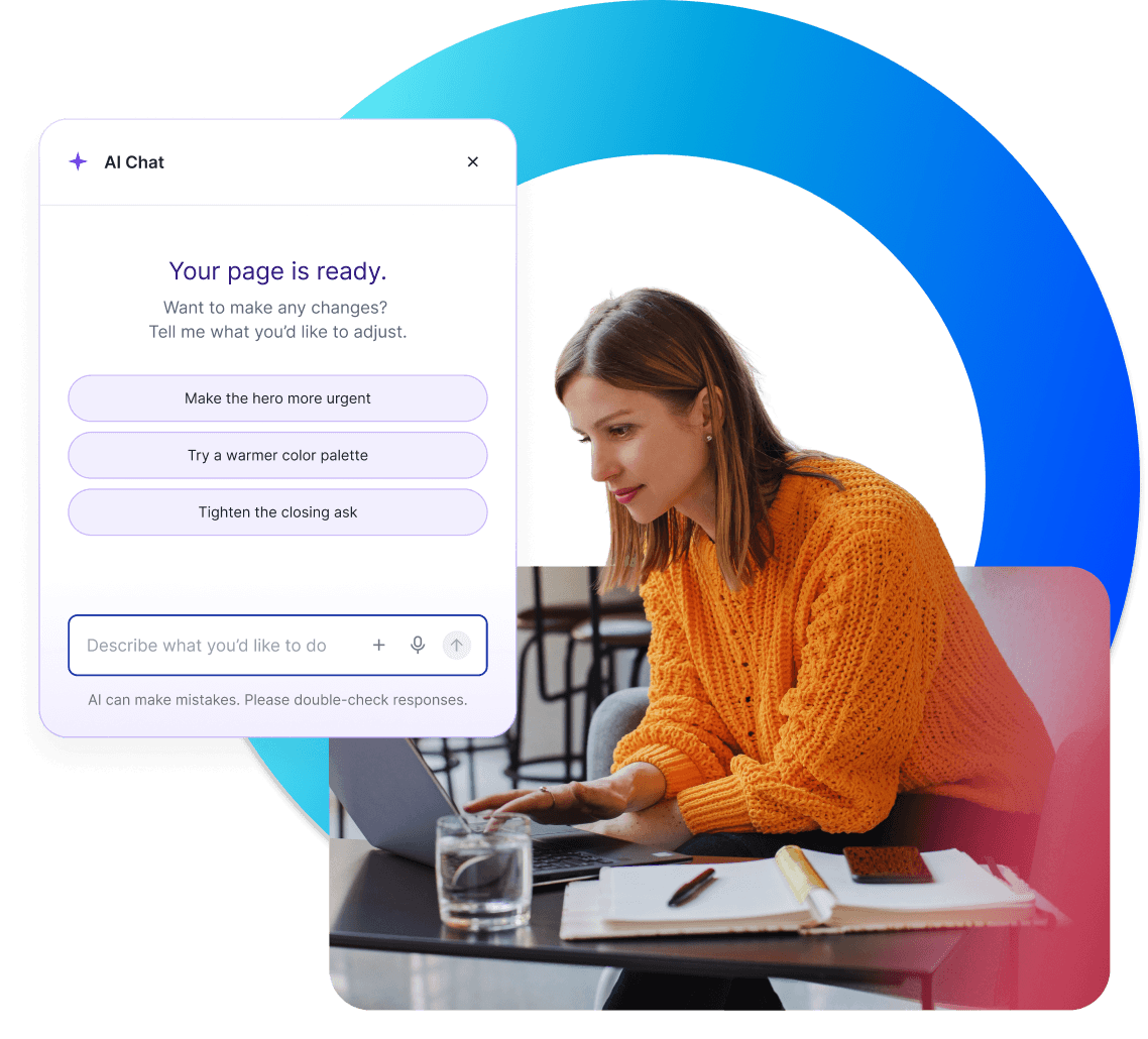 Woman in an orange sweater sits at a laptop while a translucent AI chat panel reads 'Your page is ready' and suggests edits.