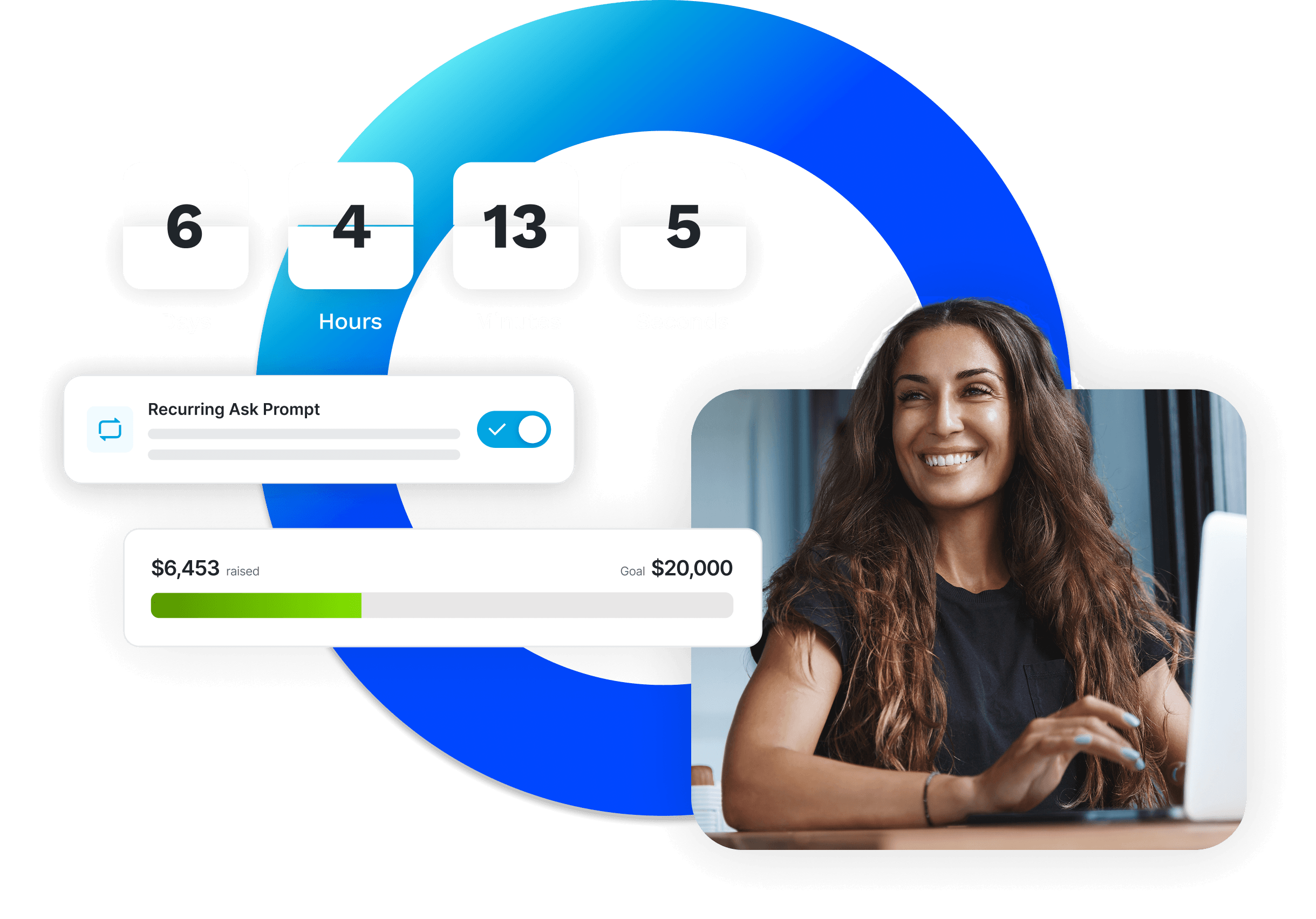 A smiling woman on a video call with countdown timer (6 days 4 hours 13 minutes 5 seconds) and fundraising UI cards showing progress and goal amounts.