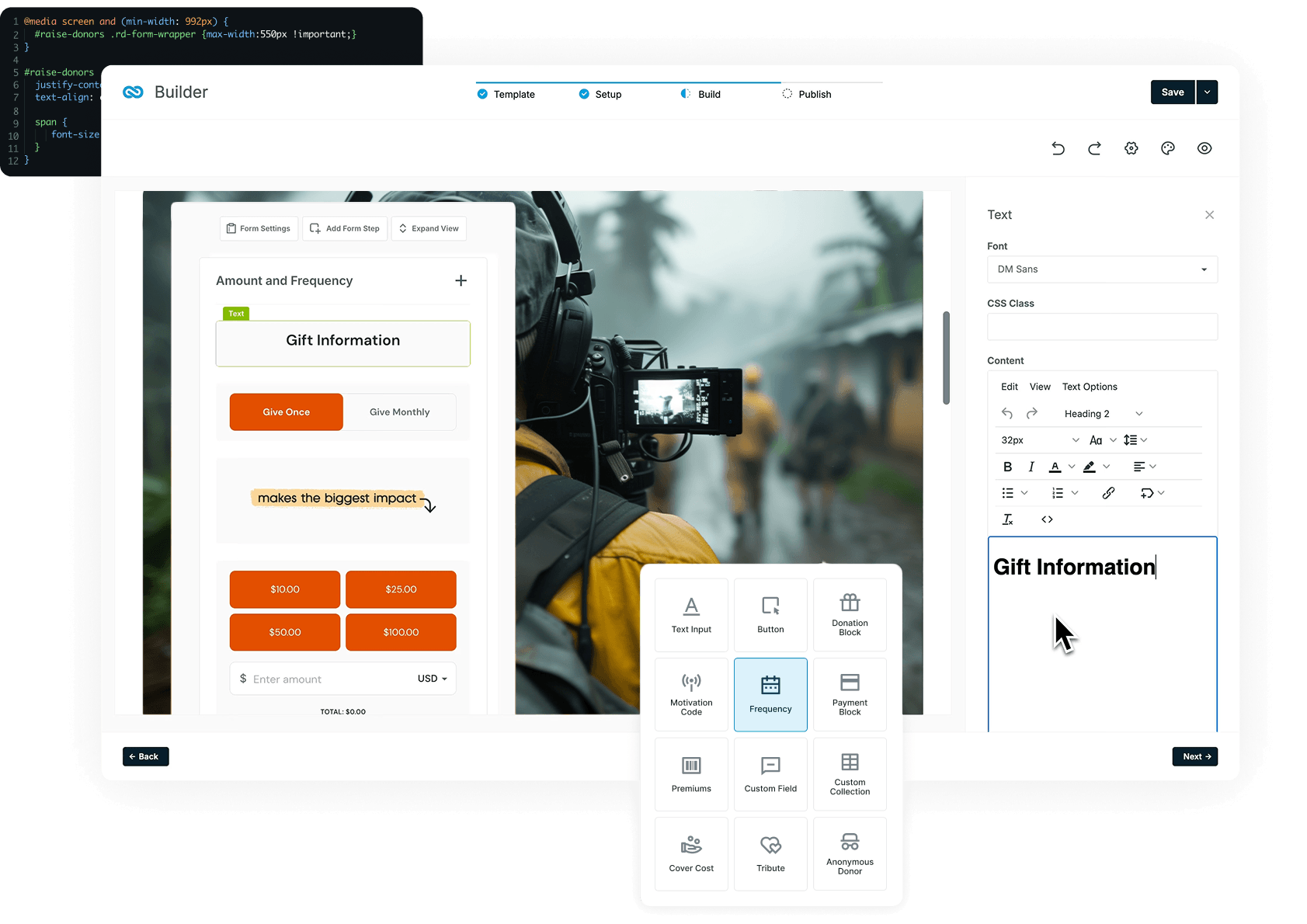 Screenshot of a form-builder UI showing a Gift Information card, donation buttons, and text settings panel, with a photographer filming in the background.