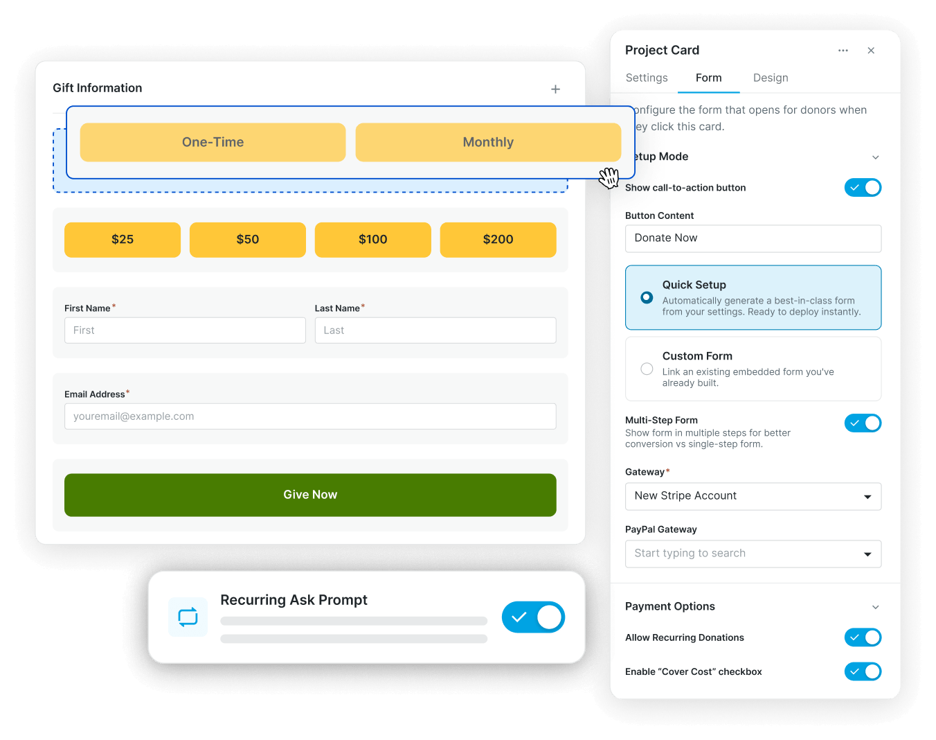 Overlay dialog for Gift Information with One-Time and Monthly options, preset donation amounts, and a donation form; a Project Card settings panel is visible behind.