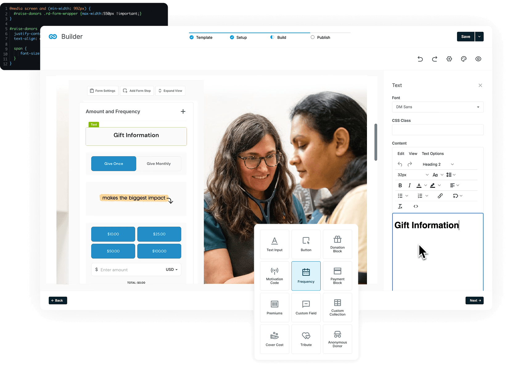 Screenshot of a form builder UI showing a Gift Information section and donation amount buttons over a photo of two women, with a text settings panel on the right and editing tools around it.