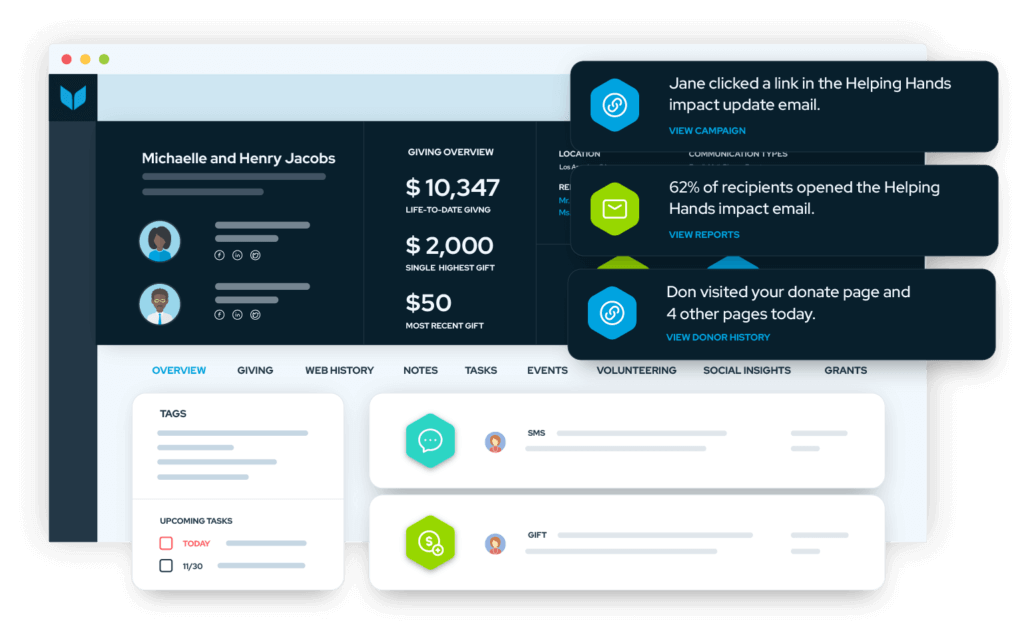 Image showing different donor signals in Virtuous including email tracking and website visits.