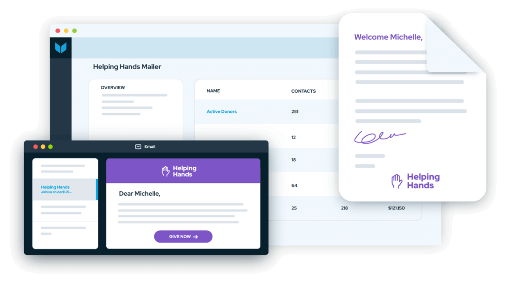 Image showing the different communication options in Virtuous including email and letters