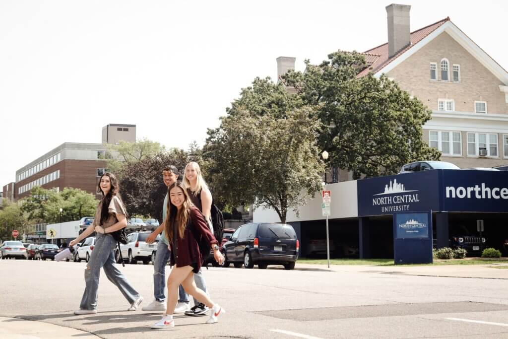 Students walking across a street