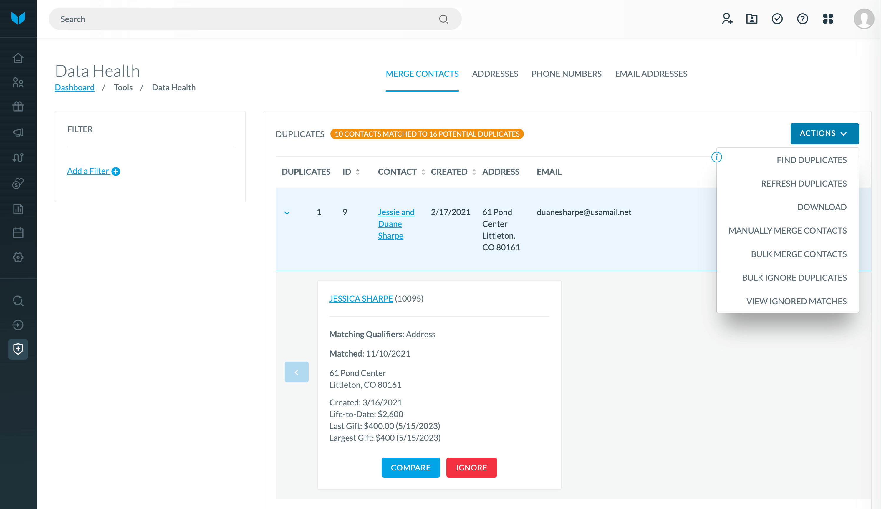 Data Health Tools inside of Virtuous CRM.