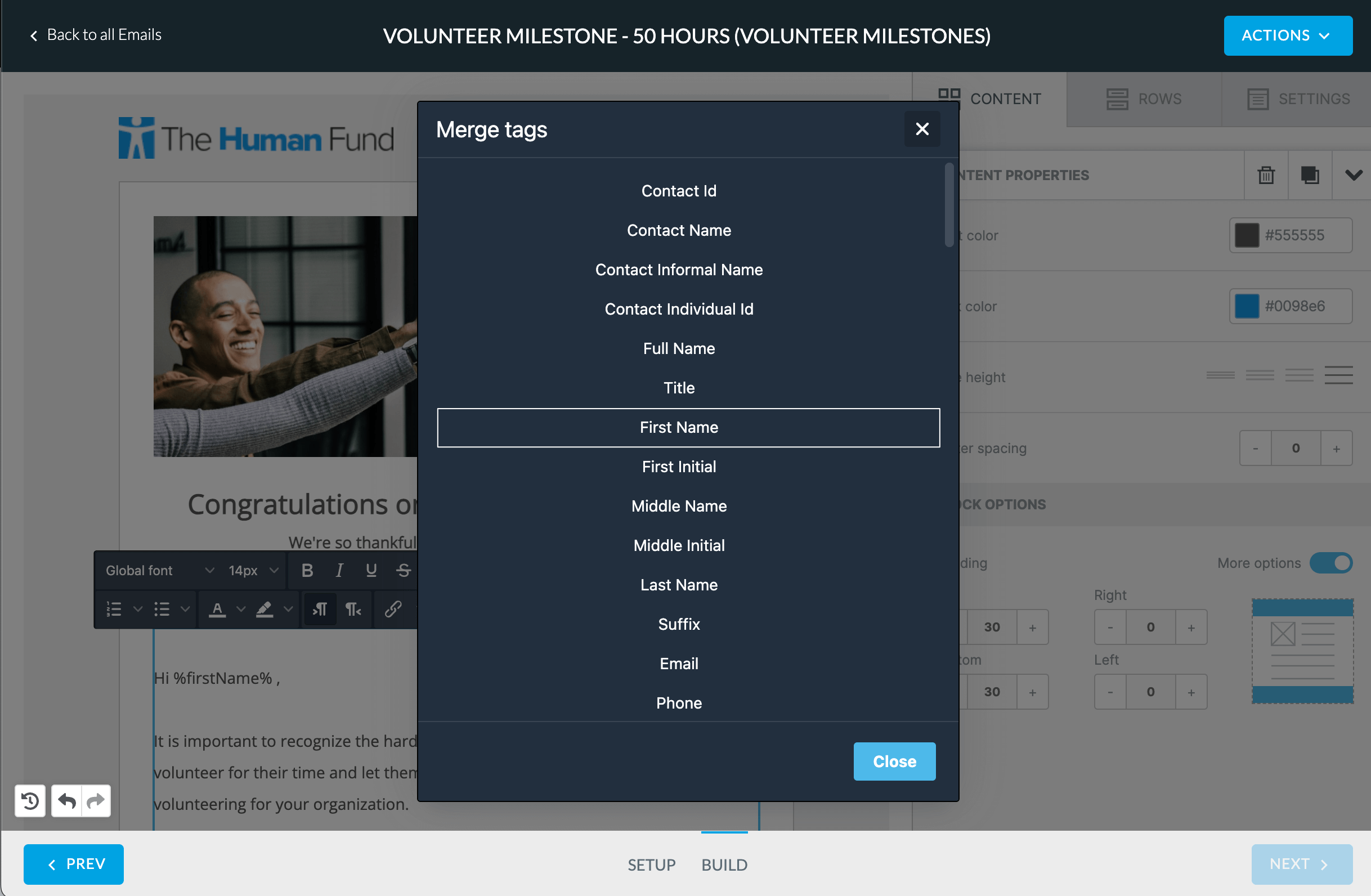 Merge Tags from the Email Builder inside of Virtuous CRM