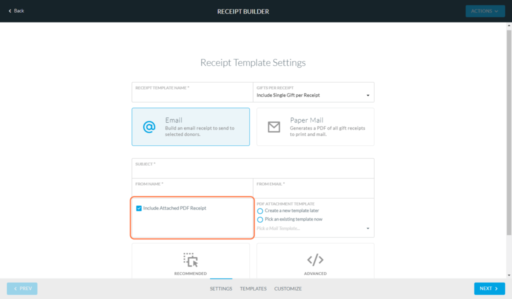 Receipt builder in Virtuous CRA gift guidelines