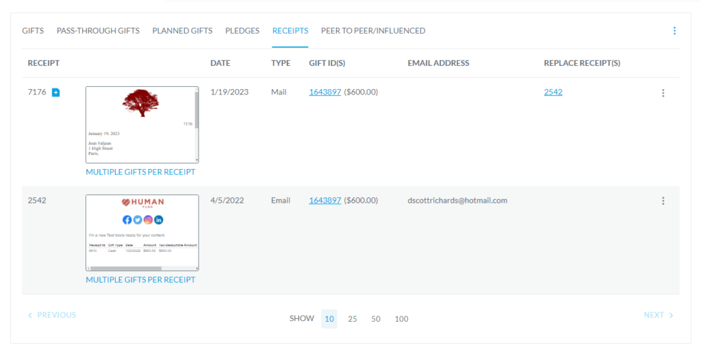 Receipt history in Virtuous CRA gift guidelines