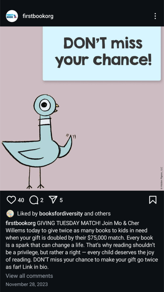 GivingTuesday example from First Book on Instagram