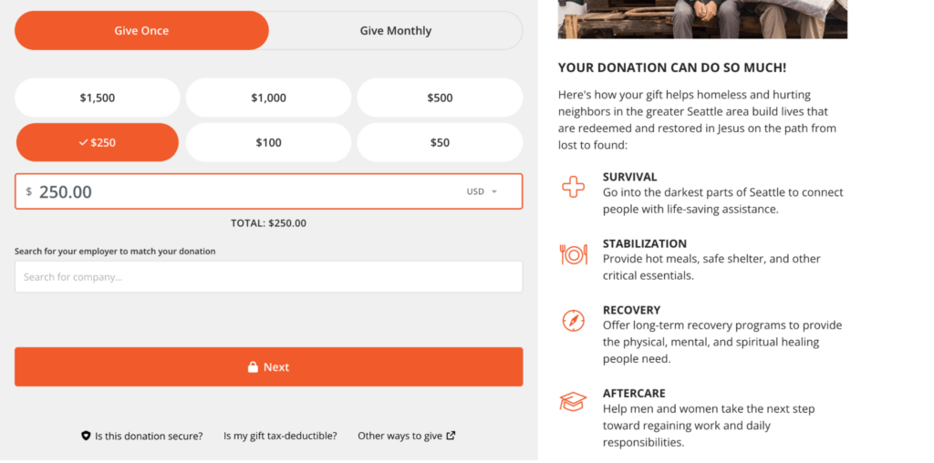 Donation Page Examples: Seattle's Union Gospel MIssion