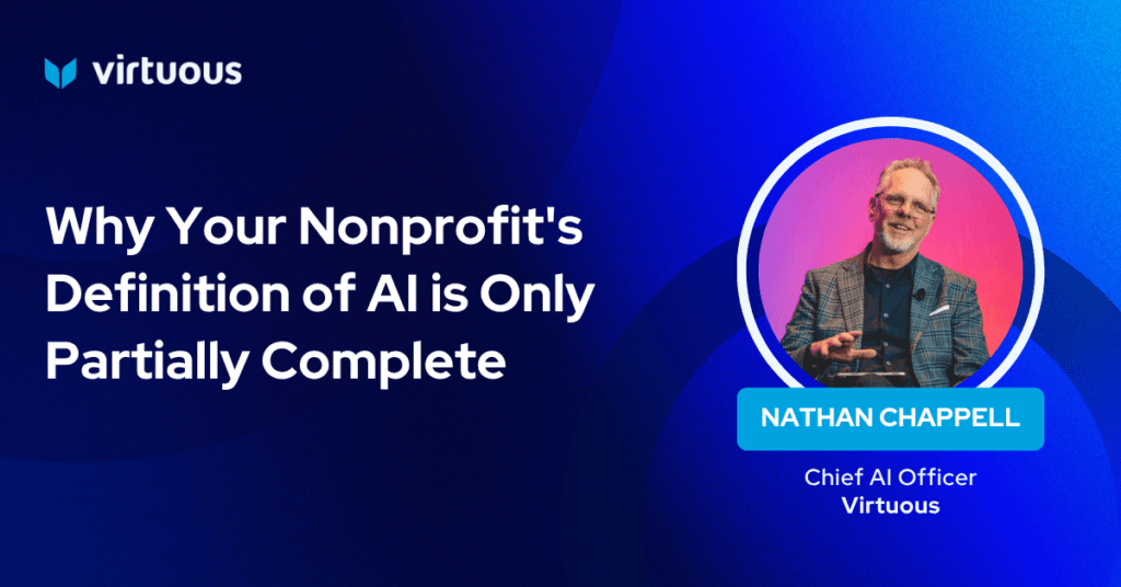 Hero banner with the Virtuous logo, bold headline about nonprofits and AI, and a circular portrait of Nathan Chappell (Chief AI Officer) on a blue gradient background.