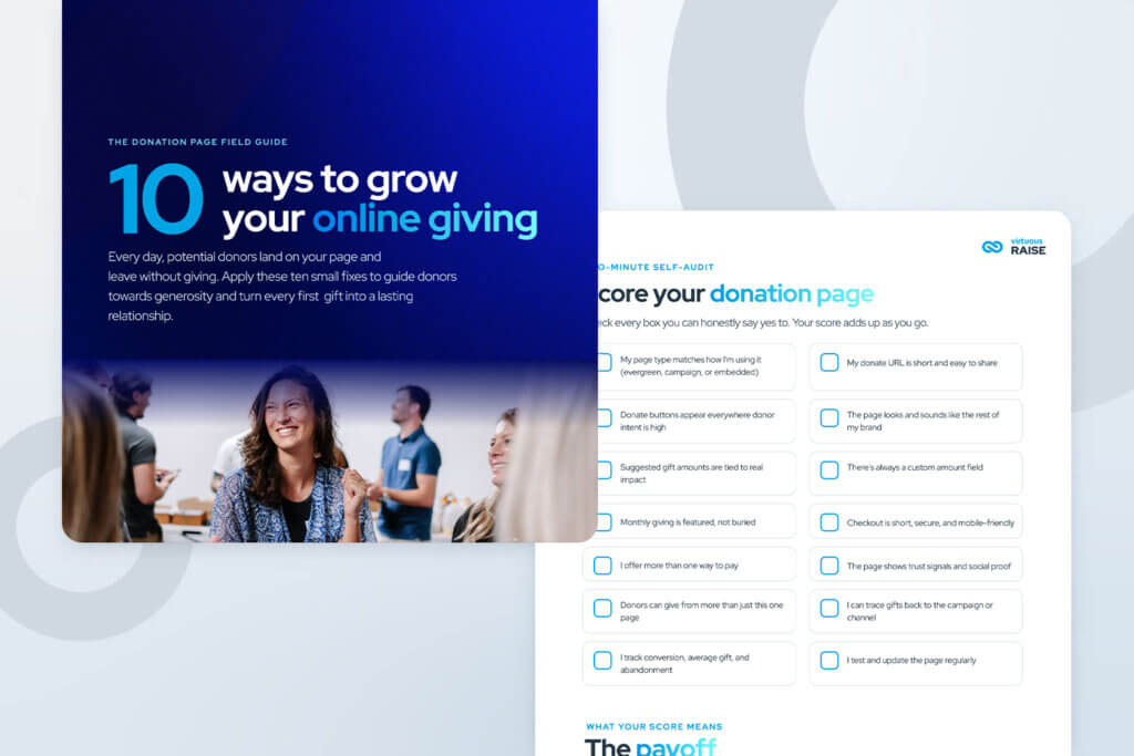Two overlapping cards: a blue poster reading '10 ways to grow your online giving' with smiling people at a conference image below it, and a white 'score your donation page' self-audit checklist with checkboxes and a logo on the right.