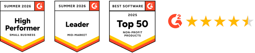 Three achievement badges reading 'Summer 2026 High Performer Small Business', 'Summer 2026 Leader Mid-Market', and 'Best Software 2025 Top 50 Non-Profit Products', followed by a G2 rating with five gold stars.