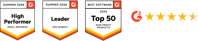 Three achievement badges reading 'Summer 2026 High Performer Small Business', 'Summer 2026 Leader Mid-Market', and 'Best Software 2025 Top 50 Non-Profit Products', followed by a G2 rating with five gold stars.