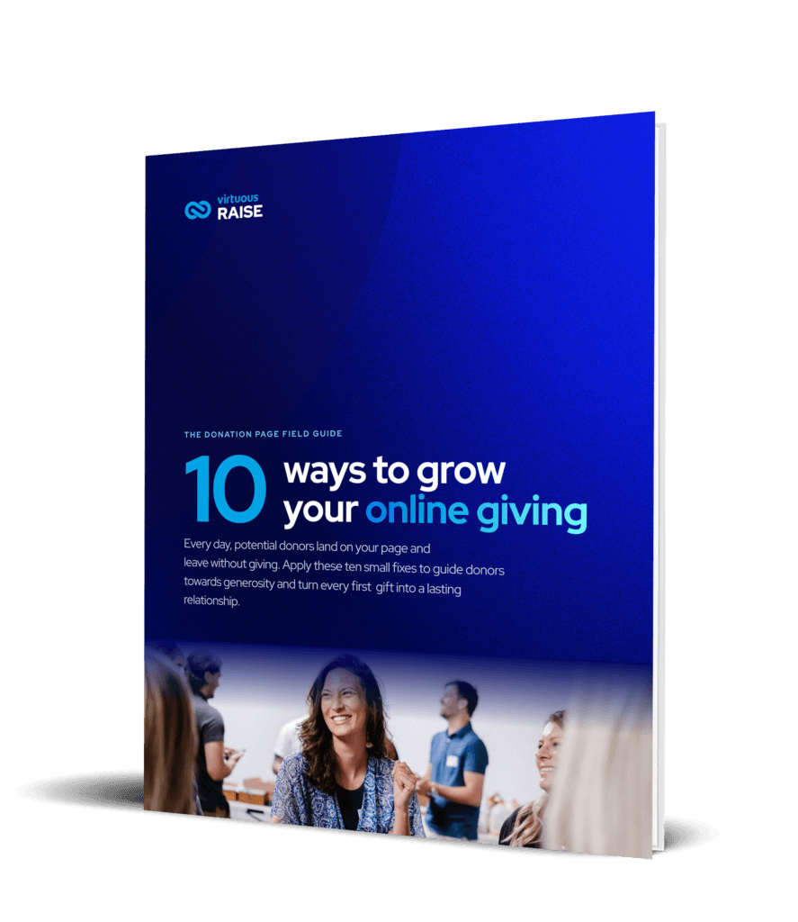 Blue booklet cover with Virtuous Raise logo and the title '10 ways to grow your online giving' on a dark background.